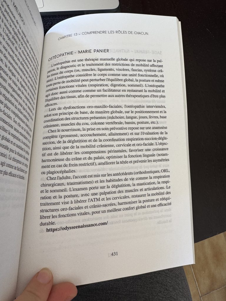 Extrait du livre, partie ostéopathie, le rôle de l'ostéopathe dans les fonctions pro-maxillo-faciales.